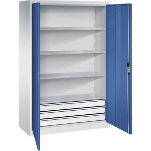 C+P Werkstatt-Flügeltürschrank mit Schubladen, BxT 930 x 600 mm, 4 Fachböden, lichtgrau / enzianblau