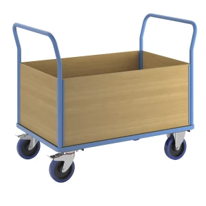 eurokraft pro Plattformwagen mit Holzwänden, mit 4 hohen Wänden, LxB 1195 x 745 mm, Vollelastik