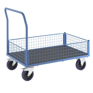 eurokraft pro Plattformwagen mit Gitterwänden, Vollelastik-Rollen, 4 halbhohe Gitter, LxB 1200 x 750 mm