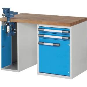 eurokraft pro Werkbank, Baukastensystem Serie 7000, 2 Schubladen, 1 Tür, 1 Schraubstock (Klapp-Lift) linksseitig, BxT 1250 x 700 mm