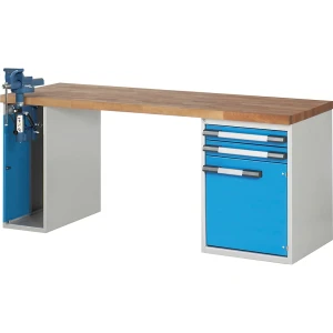 eurokraft pro Werkbank, Baukastensystem Serie 7000, 2 Schubladen, 1 Tür, 1 Schraubstock (Klapp-Lift) linksseitig, BxT 2000 x 700 mm