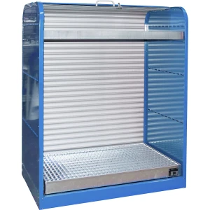 eurokraft pro Stahl-Gefahrstoffdepot mit Rollladen, für 6 x 60-l-Fässer, 1 Wannenboden, blau