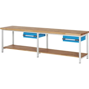 eurokraft pro Werkbank, Gestellbauweise Serie 8000, 2 Schubladen 150 mm, 2 Ablageböden, BxT 3000 x 700 mm