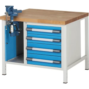 eurokraft pro Bancada de trabalho, estrutura modular série 8000 , 4 gavetas: 2 x 120, 2 x 150 mm, 1 torno de bancada (elevador rebatível), LxP 1000 x