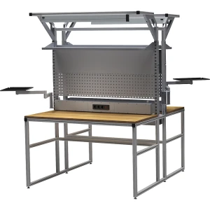 bedrunka hirth workalu® Aluminium-Werkbank mit Systemaufbau, doppelseitig, Energieleiste, Lochwand, Magnetwand, 2 Schwenkarme, 2 Arbeitsplatzleuchten,