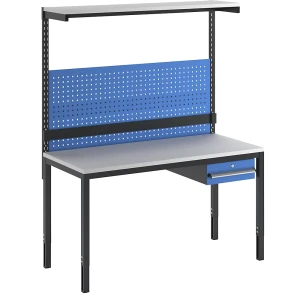 Komplett-Arbeitsplatz, höhenverstellbar, inkl. Einzelschublade, Lochwand, Kästenschiene, Etagenbord, Melaminplatte kaiserkraft