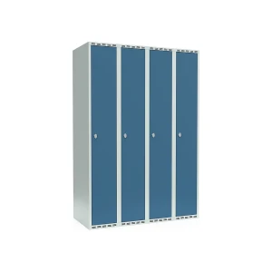Spind Fydor, 4 Abteile, lichtgrau / brillantblau, B 1200 mm, flache Dachform, Vorhängeschloss kaiserkraft