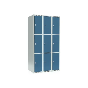 3er-Schließfachschrank Fydor, 3 Abteile, lichtgrau / brillantblau, B 900 mm, 3 Abteile, flache Dachform, Vorhängeschloss kaiserkraft