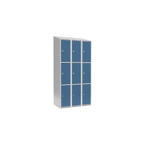 3er-Schließfachschrank Fydor, 3 Abteile, lichtgrau / brillantblau, B 900 mm, 3 Abteile, schräge Dachform, Vorhängeschloss kaiserkraft