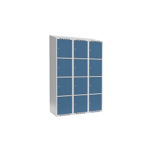 4er-Schließfachschrank Fydor, 3 Abteile, lichtgrau / brillantblau, B 1200 mm, 3 Abteile, schräge Dachform, Zylinderschloss kaiserkraft