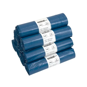 eurokraft basic Abfallsäcke, 100% PCR LDPE, 120 l, 52 µm, BxL 700 x 1100 mm, VE 250 Stk, blau