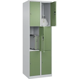 C+P 3er-Schließfachschrank Classic PLUS, 2 Abteile, lichtgrau / resedagrün, B 600 mm, 6 Fächer, mit Bodengleitern