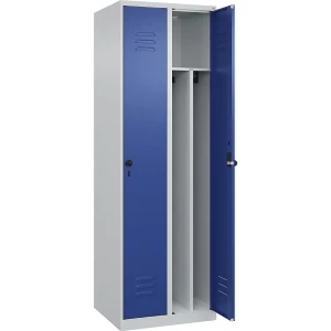 C+P Schwarz-Weiß-Spind Classic PLUS, schmal, 2 Abteile, verkürzte Trennwand mittig, lichtgrau / enzianblau, B 600 mm, mit Bodengleitern, Drehriegel,