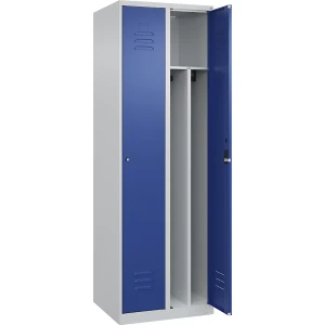 C+P Schwarz-Weiß-Spind Classic PLUS, schmal, 2 Abteile, verkürzte Trennwand mittig, lichtgrau / enzianblau, B 600 mm, mit Bodengleitern,