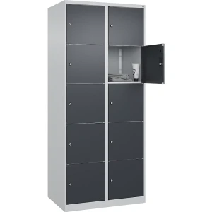 C+P 5er-Schließfachschrank Classic PLUS, 2 Abteile, lichtgrau / grau, B 800 mm, 10 Fächer, mit Bodengleitern