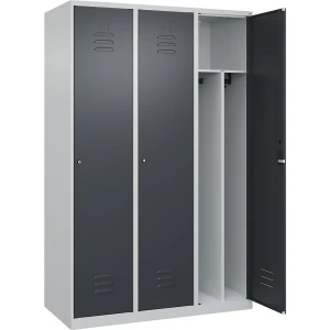 C+P Schwarz-Weiß-Spind Classic PLUS, schmal, 3 Abteile, verkürzte Trennwand mittig, lichtgrau / grau, B 1200 mm, mit Bodengleitern, Zylinderschloss,