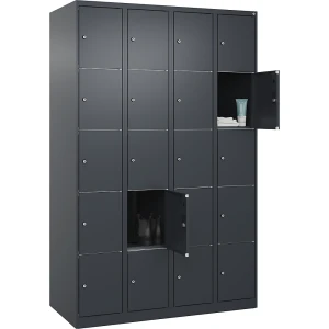 C+P 5er-Schließfachschrank Classic PLUS, 4 Abteile, grau, B 1200 mm, 20 Fächer, mit Bodengleitern