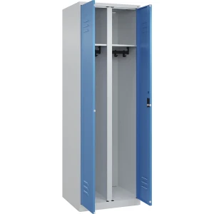 C+P Schwarz-Weiß-Spind Classic PLUS, Trennwand mittig, 1 Abteil, lichtgrau / lichtblau, HxB 1850 x 600 mm, mit Bodengleitern, Zylinderschloss