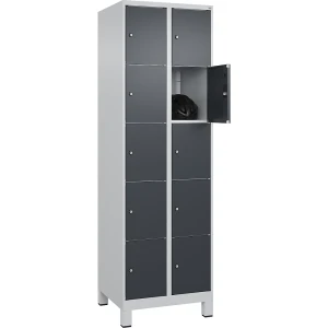 C+P 5er-Schließfachschrank Classic PLUS, 2 Abteile, lichtgrau / grau, B 600 mm, 10 Fächer, mit Füßen
