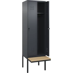 C+P Spind Classic PLUS Sitzbank, 2 Abteile, grau, B 600 mm, Sicherheits-Drehriegel, auskragend, Buche-Hartholz