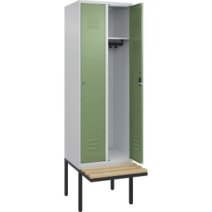 C+P Spind Classic PLUS Sitzbank, 2 Abteile, lichtgrau / resedagrün, B 600 mm, Zylinderschloss, auskragend, Buche-Hartholz