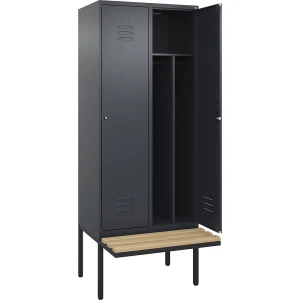 C+P Schwarz-Weiß-Spind Classic PLUS Sitzbank, schmal, 2 Abteile, verkürzte Trennwand mittig, grau, B 800 mm, Zylinderschloss, auskragend,