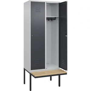 C+P Spind Classic PLUS Sitzbank, 2 Abteile, lichtgrau / grau, B 800 mm, Zylinderschloss, auskragend, Buche-Hartholz