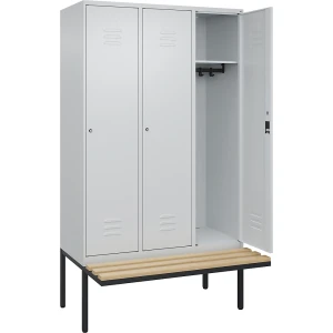 C+P Spind Classic PLUS Sitzbank, 3 Abteile, lichtgrau, B 1200 mm, Zylinderschloss, auskragend, Buche-Hartholz