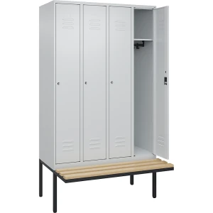 C+P Spind Classic PLUS Sitzbank, 4 Abteile, lichtgrau, B 1200 mm, Zylinderschloss, auskragend, Buche-Hartholz