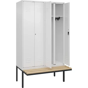 C+P Schwarz-Weiß-Spind Classic PLUS Sitzbank, Trennwand mittig, 2 Abteile, verkehrsweiß, B 1200 mm, Zylinderschloss, auskragend, Buche-Hartholz