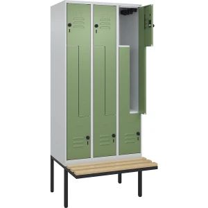 C+P Z-Spind Classic PLUS Sitzbank, 3 Abteile, lichtgrau / resedagrün, B 900 mm, Sicherheits-Drehriegel, auskragend, Buche-Hartholz