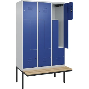C+P Z-Spind Classic PLUS Sitzbank, 3 Abteile, lichtgrau / enzianblau, B 1200 mm, Zylinderschloss, auskragend, Buche-Hartholz