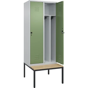 C+P Schwarz-Weiß-Spind Classic PLUS Sitzbank, schmal, 2 Abteile, verkürzte Trennwand mittig, lichtgrau / resedagrün, B 800 mm, Sicherheits-Drehriegel,