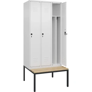C+P Schwarz-Weiß-Spind Classic PLUS Sitzbank, schmal, 3 Abteile, verkürzte Trennwand mittig, verkehrsweiß, B 900 mm, Sicherheits-Drehriegel,