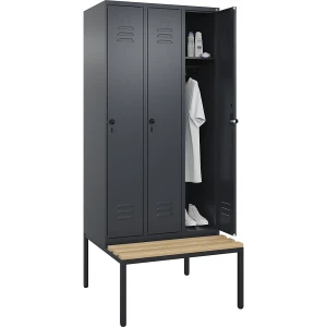 C+P Spind Classic PLUS Sitzbank, 3 Abteile, grau, B 900 mm, Sicherheits-Drehriegel, untergebaut, Buche-Hartholz