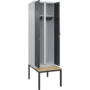C+P Schwarz-Weiß-Spind Classic PLUS Sitzbank, Trennwand mittig, 1 Abteil, lichtgrau / grau, B 600 mm, Sicherheits-Drehriegel, untergebaut,