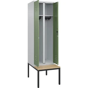 C+P Schwarz-Weiß-Spind Classic PLUS Sitzbank, Trennwand mittig, 1 Abteil, lichtgrau / resedagrün, B 600 mm, Zylinderschloss, untergebaut,