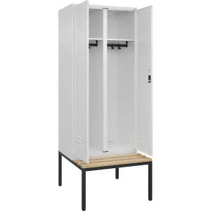 C+P Schwarz-Weiß-Spind Classic PLUS Sitzbank, Trennwand mittig, 1 Abteil, verkehrsweiß, B 800 mm, Zylinderschloss, untergebaut, Buche-Hartholz