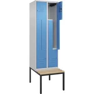 C+P Z-Spind Classic PLUS Sitzbank, 2 Abteile, lichtgrau / lichtblau, B 600 mm, Zylinderschloss, untergebaut, Buche-Hartholz