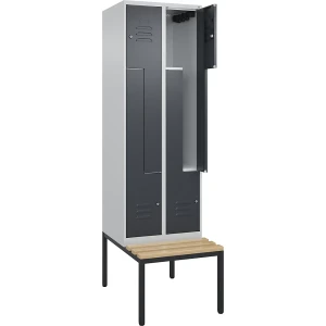 C+P Z-Spind Classic PLUS Sitzbank, 2 Abteile, lichtgrau / grau, B 600 mm, Zylinderschloss, untergebaut, Buche-Hartholz