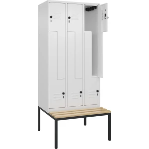 C+P Z-Spind Classic PLUS Sitzbank, 3 Abteile, verkehrsweiß, B 900 mm, Sicherheits-Drehriegel, untergebaut, Buche-Hartholz