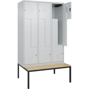 C+P Z-Spind Classic PLUS Sitzbank, 3 Abteile, lichtgrau, B 1200 mm, Zylinderschloss, untergebaut, Buche-Hartholz