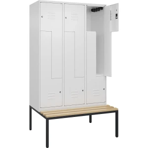 C+P Z-Spind Classic PLUS Sitzbank, 3 Abteile, verkehrsweiß, B 1200 mm, Zylinderschloss, untergebaut, Buche-Hartholz