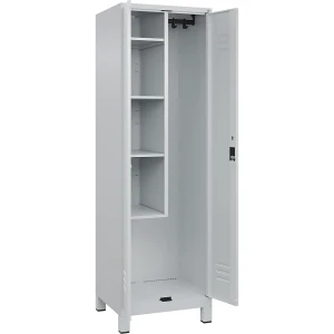 C+P Putzmittelspind Classic PLUS, 1 Abteil, Trennwand mittig, verkürzt, lichtgrau, B 600 mm, mit Füßen, Zylinderschloss