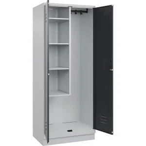C+P Putzmittelspind Classic PLUS, 1 Abteil, Trennwand mittig, verkürzt, lichtgrau / grau, B 800 mm, mit Bodensockel, Zylinderschloss