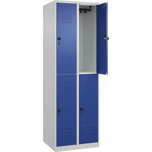 C+P Doppelstock-Spind Classic PLUS, 2 Abteile, lichtgrau / enzianblau, HxB 1850 x 600 mm, mit Bodengleitern, Drehriegel