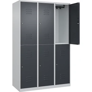 C+P Doppelstock-Spind Classic PLUS, 3 Abteile, lichtgrau / grau, HxB 1850 x 1200 mm, mit Bodengleitern, Zylinderschloss
