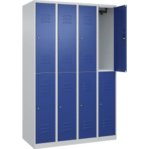 C+P Doppelstock-Spind Classic PLUS, 4 Abteile, lichtgrau / enzianblau, HxB 1850 x 1200 mm, mit Bodengleitern, Zylinderschloss
