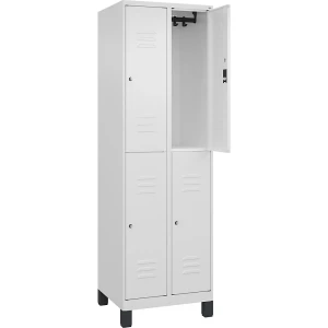 C+P Doppelstock-Spind Classic PLUS, 2 Abteile, verkehrsweiß, HxB 1950 x 600 mm, mit Füßen, Zylinderschloss