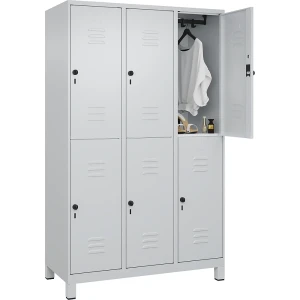 C+P Doppelstock-Spind Classic PLUS, 3 Abteile, lichtgrau, HxB 1950 x 1200 mm, mit Füßen, Drehriegel